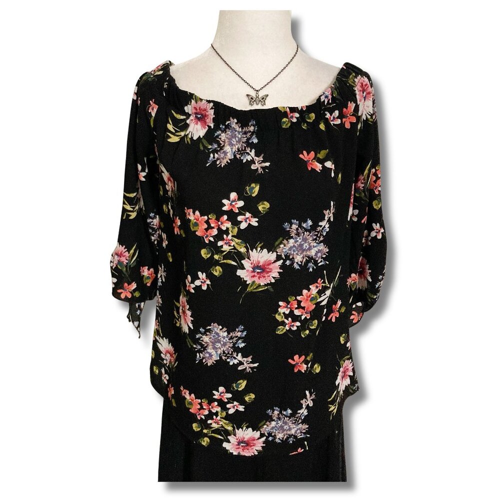 KISMET Black pink green dark floral 1/2 sleeve off-the-shoulder top ~ XS SMALL